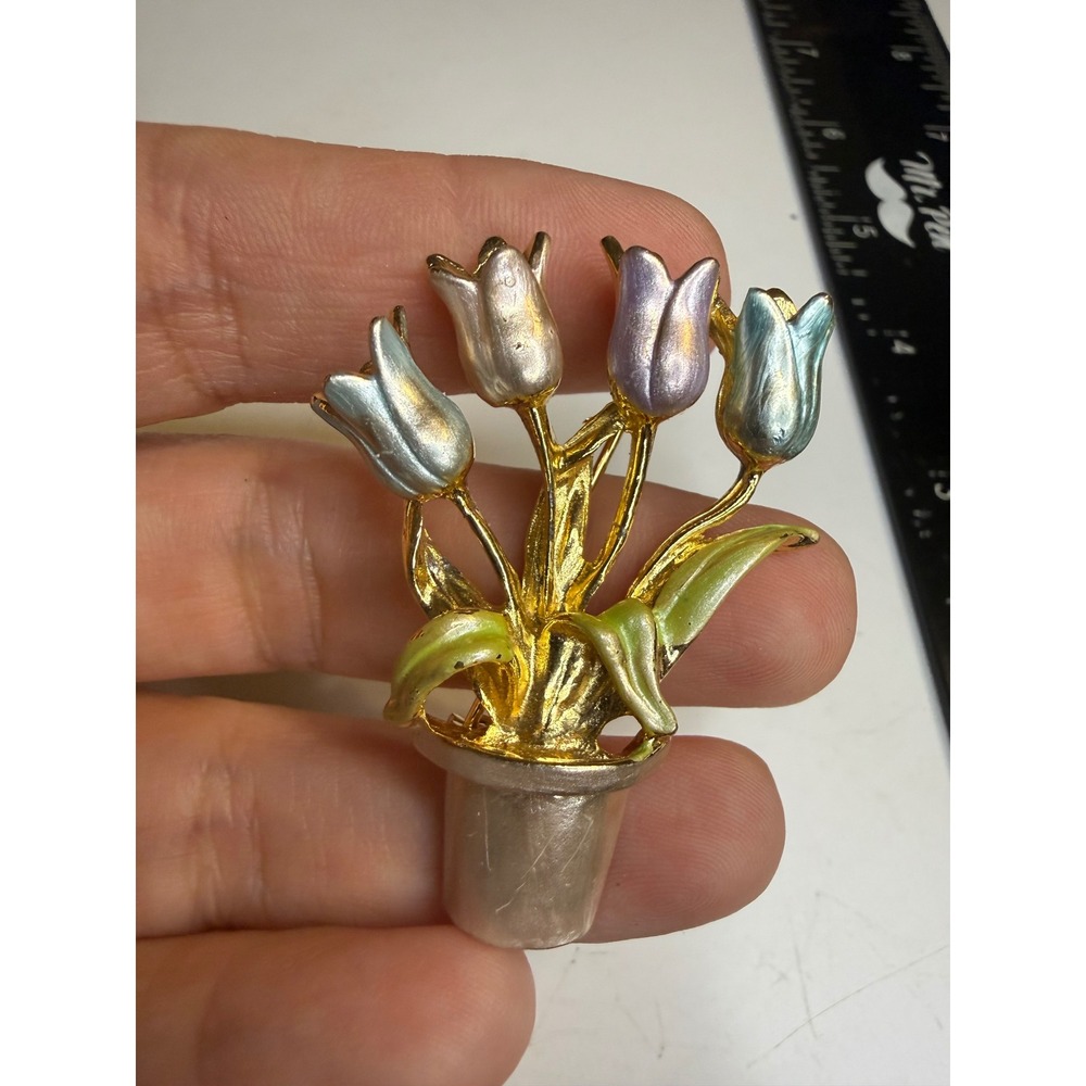 Gold Tone Pastel Pearlescent Enamel Tulip Flower Pot Brooch Pin